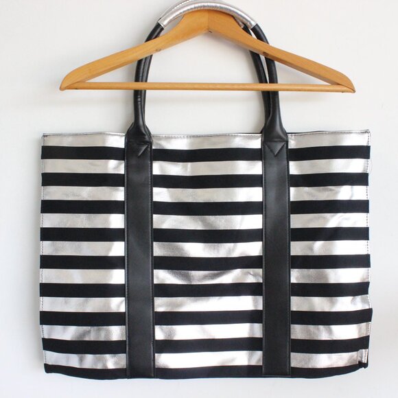 Victoria's Secret Black Silver Striped Large Canvas Tote Bag NWT - Picture 4 of 5